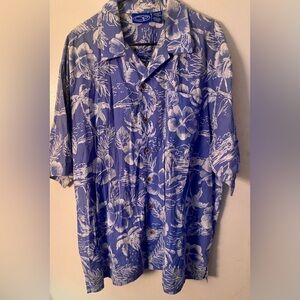OP Blue White Casual Button Down Short Sleeve Hawaiian Shirt Palm Trees Hibiscus